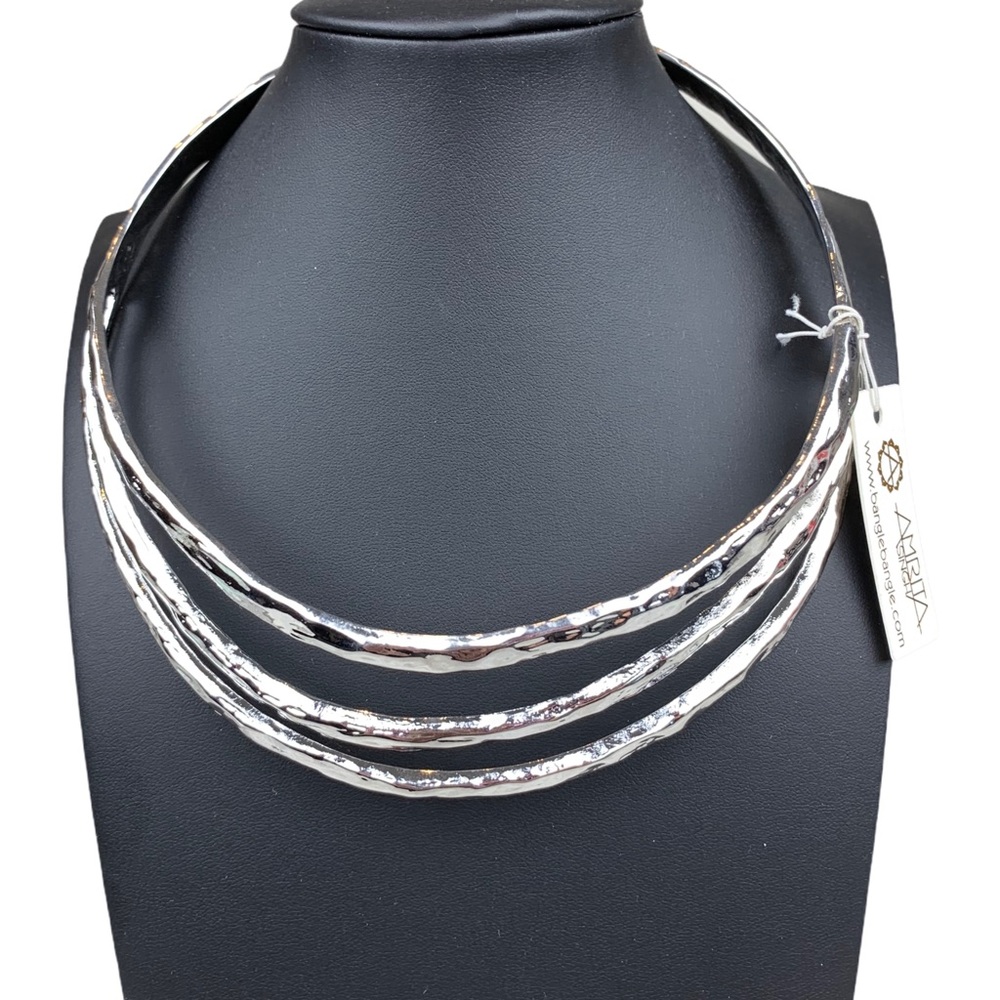 Silver Hammered 3 Row Tiered Collar Necklace - Picture 2 of 11